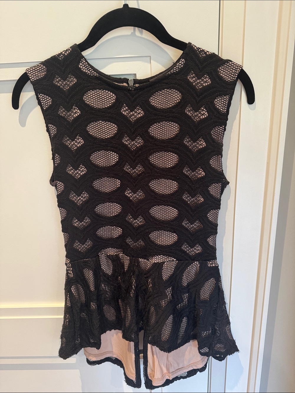 BCBGMaxAzria Black Lace Peplum Top with Nude Lining